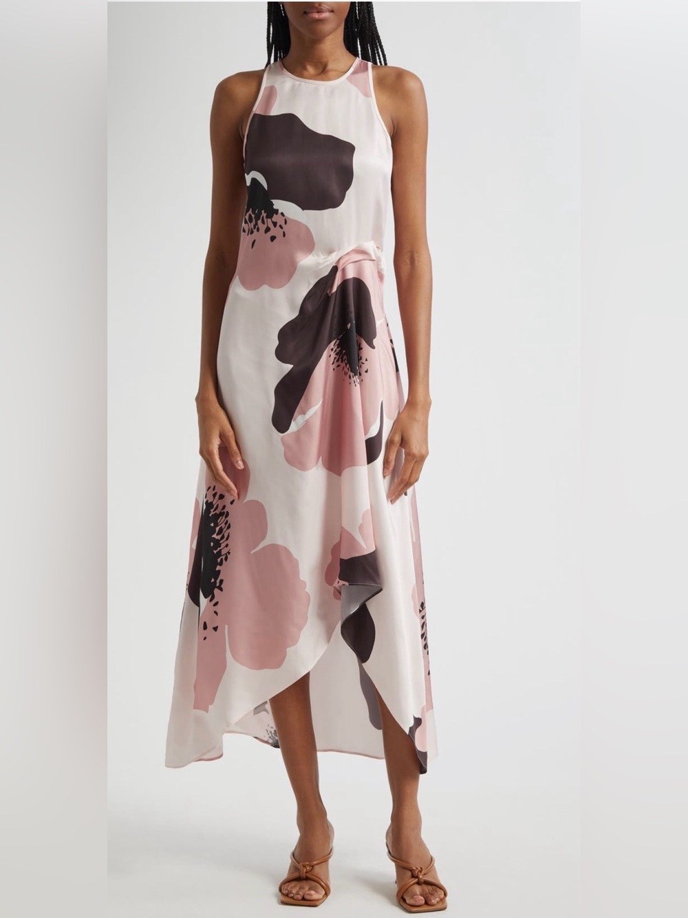 Reiss Pink & Black Floral High-Low Halter Dress